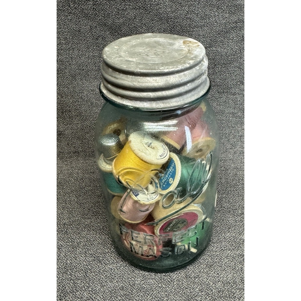 Ball Blue Glass Mason Jar Filled With Vintage Sewing Wood Spools Of Thread
